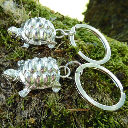 Set of Two Pewter Turtle Keyrings, Handmade 10th Anniversary Gift