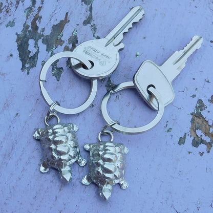 Set of Two Pewter Turtle Keyrings, Handmade 10th Anniversary Gift