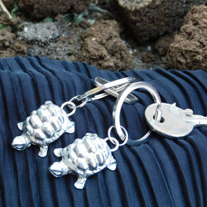 Set of Two Pewter Turtle Keyrings, Handmade 10th Anniversary Gift