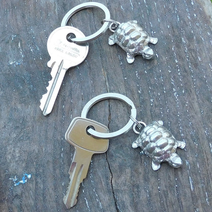 Set of Two Pewter Turtle Keyrings, Handmade 10th Anniversary Gift