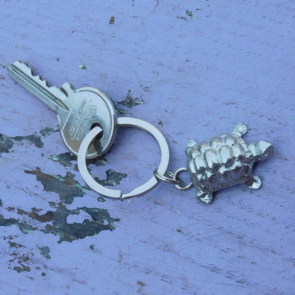 Tortoise Pewter Keyring, Handmade Turtle Keychain, Handcast Polished Pewter