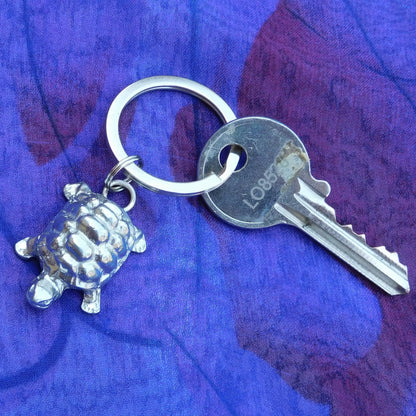 Tortoise Pewter Keyring, Handmade Turtle Keychain, Handcast Polished Pewter