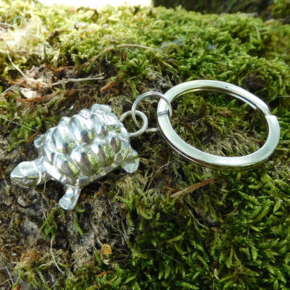 Tortoise Pewter Keyring, Handmade Turtle Keychain, Handcast Polished Pewter