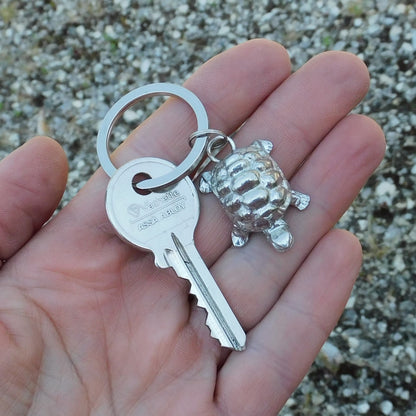 Tortoise Pewter Keyring, Handmade Turtle Keychain, Handcast Polished Pewter