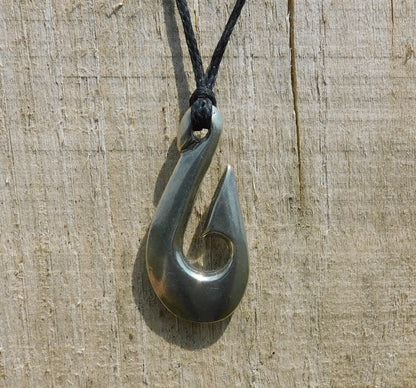 Maori Fish Hook Pendant Necklace (Simple Design), Handcast Pewter Pendant on Adjustable Waxed Cord