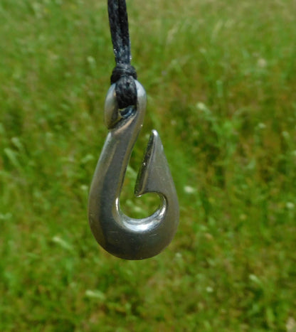 Maori Fish Hook Pendant Necklace (Simple Design), Handcast Pewter Pendant on Adjustable Waxed Cord