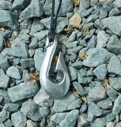 Maori Fish Hook Pendant Necklace (Simple Design), Handcast Pewter Pendant on Adjustable Waxed Cord