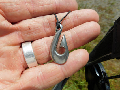 Maori Fish Hook Pendant Necklace (Simple Design), Handcast Pewter Pendant on Adjustable Waxed Cord