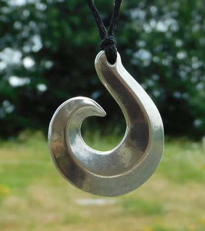 Fish Hook Pendant Necklace (Spiral Design), Maori-Inspired Handcast Pewter Pendant on Adjustable Waxed Cord