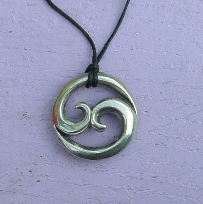 Chunky Twin Wave Pendant Necklace, Handcast Pewter on Adjustable Waxed Cord