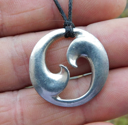 Twin Wave Pendant Necklace, Handcast Pewter on Adjustable Waxed Cord