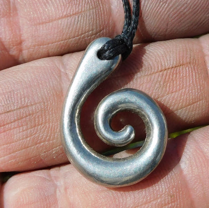 Koru Spiral Pendant Necklace, Smaller Design, Handcast Pewter on Adjustable Waxed Cord