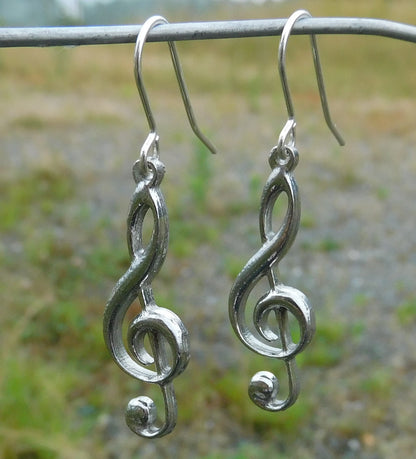 Handcrafted 10 Year Anniversary, 10th Wedding Anniversary, Tin Treble Clef Earrings | Eco-Friendly Jewelry by William Sturt