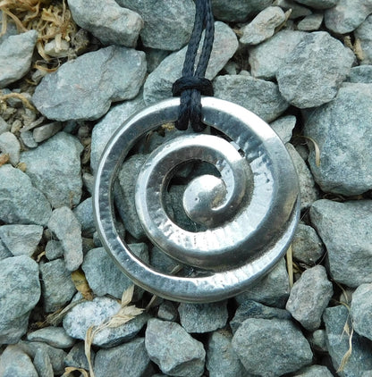 Spiral Pendant Necklace, Handcast Pewter on Adjustable Waxed Cord