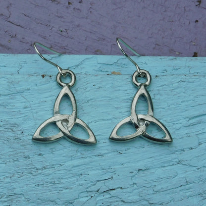 Handcrafted 10 Year Anniversary, 10th Wedding Anniversary, Tin Triquetra Earrings | Eco-Friendly Jewelry