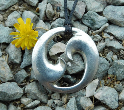 Twin Wave Pendant Necklace, Handcast Pewter on Adjustable Waxed Cord