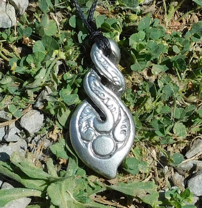Triple Infinity Loop Pendant Necklace (Engraved), Handcast Pewter Pendant on Adjustable Waxed Cord