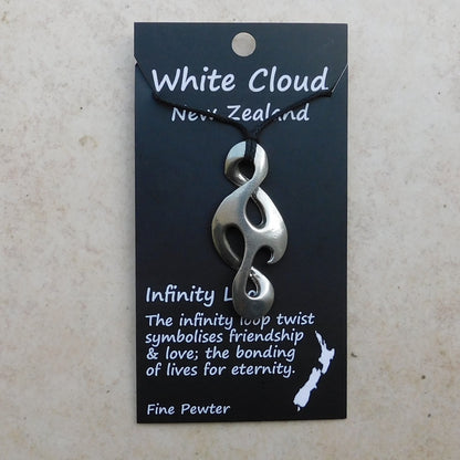 Infinity Loop Pendant Necklace (Reflected Design), Handcast Pewter Pendant on Adjustable Waxed Cord