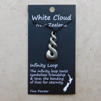Infinity Loop Pendant Necklace (Small), Handcast Pewter Pendant on Adjustable Waxed Cord