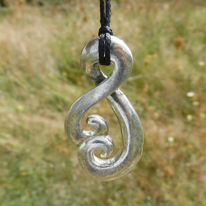 Infinity Loop Pendant Necklace (Open Twist Design), Handcast Pewter Pendant on Adjustable Waxed Cord