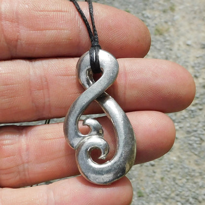 Infinity Loop Pendant Necklace (Open Twist Design), Handcast Pewter Pendant on Adjustable Waxed Cord