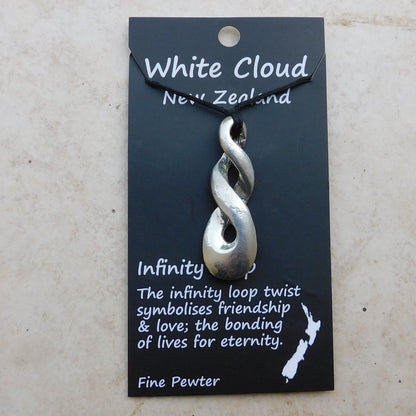 Triple Infinity Loop Pendant Necklace (Twisted Design), Handcast Pewter Pendant on Adjustable Waxed Cord