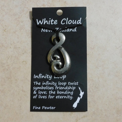 Infinity Loop Pendant Necklace (Open Twist Design), Handcast Pewter Pendant on Adjustable Waxed Cord