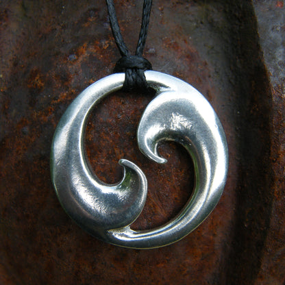 Twin Wave Pendant Necklace, Handcast Pewter on Adjustable Waxed Cord