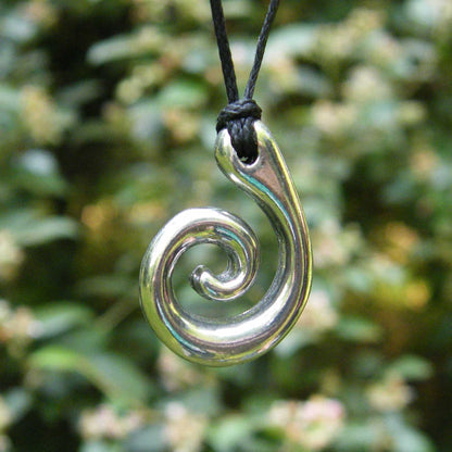 Koru Spiral Pendant Necklace, Smaller Design, Handcast Pewter on Adjustable Waxed Cord