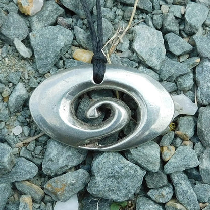 Oval  Koru Spiral Pendant Necklace, Handcast Pewter on Adjustable Waxed Cord
