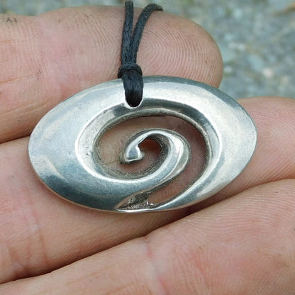 Oval  Koru Spiral Pendant Necklace, Handcast Pewter on Adjustable Waxed Cord
