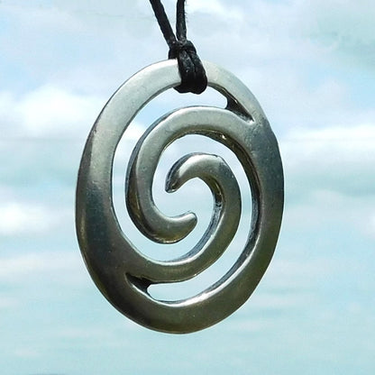 Oval Wave Pendant Necklace, Handcast Pewter on Adjustable Waxed Cord
