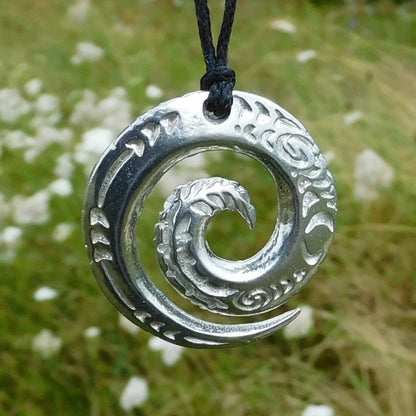 Spiral Pendant Necklace, Engraved Spiral Design, Handcast Pewter on Adjustable Waxed Cord