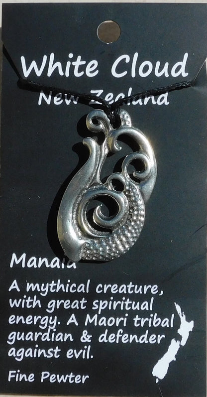 Engraved Manaia Pendant Necklace, Handcast Pewter Pendant on Adjustable Waxed Cord