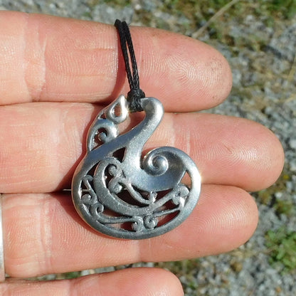 Manaia Fishhook Pendant Necklace, Handcast Pewter Pendant on Adjustable Waxed Cord