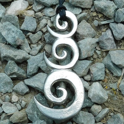 Triple Spiral Pendant Necklace, Handcast Pewter on Adjustable Waxed Cord