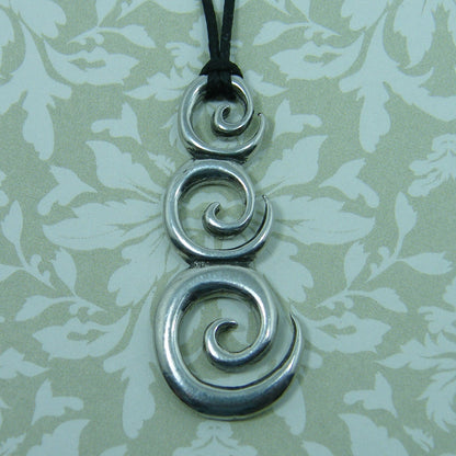 Triple Spiral Pendant Necklace (Rounded Design), Handcast Pewter Pendant on Adjustable Waxed Cord