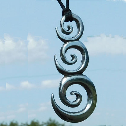Triple Spiral Pendant Necklace (Rounded Design), Handcast Pewter Pendant on Adjustable Waxed Cord