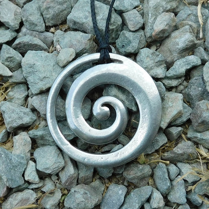 Koru Circle Pendant Necklace, Handcast Pewter on Adjustable Waxed Cord