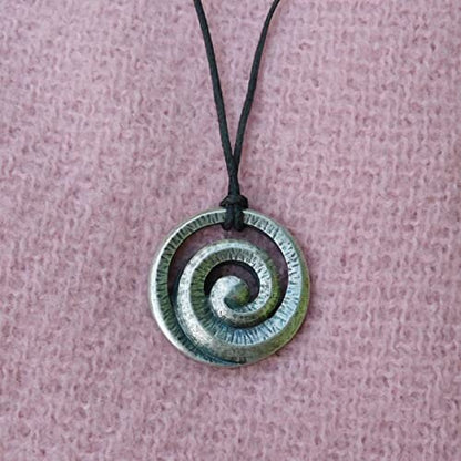 Spiral Pendant Necklace, Handcast Pewter on Adjustable Waxed Cord