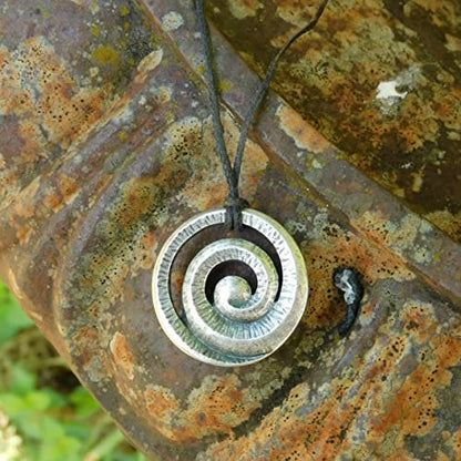 Spiral Pendant Necklace, Handcast Pewter on Adjustable Waxed Cord