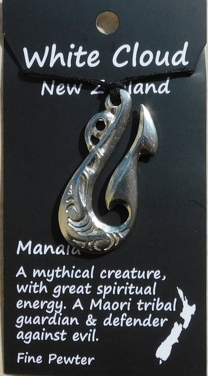 Curved Manaia Pendant Necklace, Handcast Pewter Pendant on Adjustable Waxed Cord