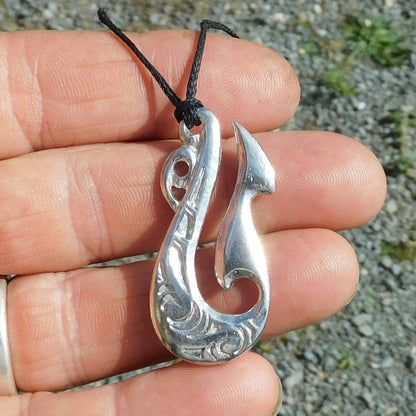 Curved Manaia Pendant Necklace, Handcast Pewter Pendant on Adjustable Waxed Cord