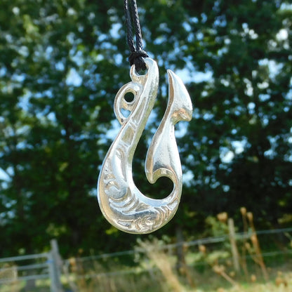 Curved Manaia Pendant Necklace, Handcast Pewter Pendant on Adjustable Waxed Cord