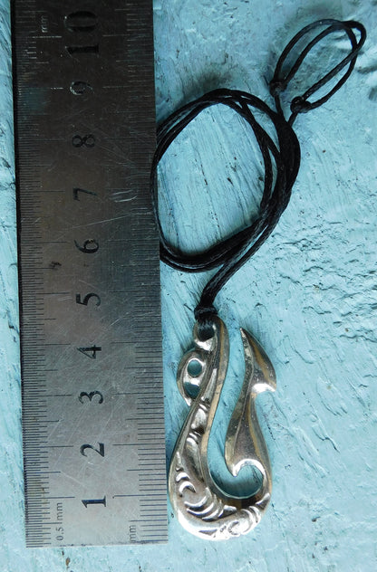 Curved Manaia Pendant Necklace, Handcast Pewter Pendant on Adjustable Waxed Cord