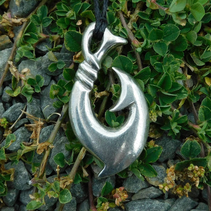 Maori Fish Hook Pendant Necklace (Bound Design), Handcast Pewter Pendant on Adjustable Waxed Cord
