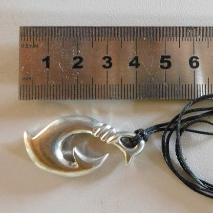 Maori Fish Hook Pendant Necklace (Bound Design), Handcast Pewter Pendant on Adjustable Waxed Cord