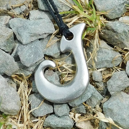 Maori Fish Hook Pendant Necklace (Classic J Design), Handcast Pewter Pendant on Adjustable Waxed Cord