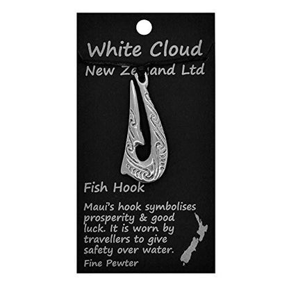 Maori Fish Hook Pendant Necklace (Kia Kaha Design), Handcast Pewter Pendant on Adjustable Waxed Cord