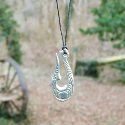 Maori Fish Hook Pendant Necklace (Engraved Design), Handcast Pewter Pendant on Adjustable Waxed Cord